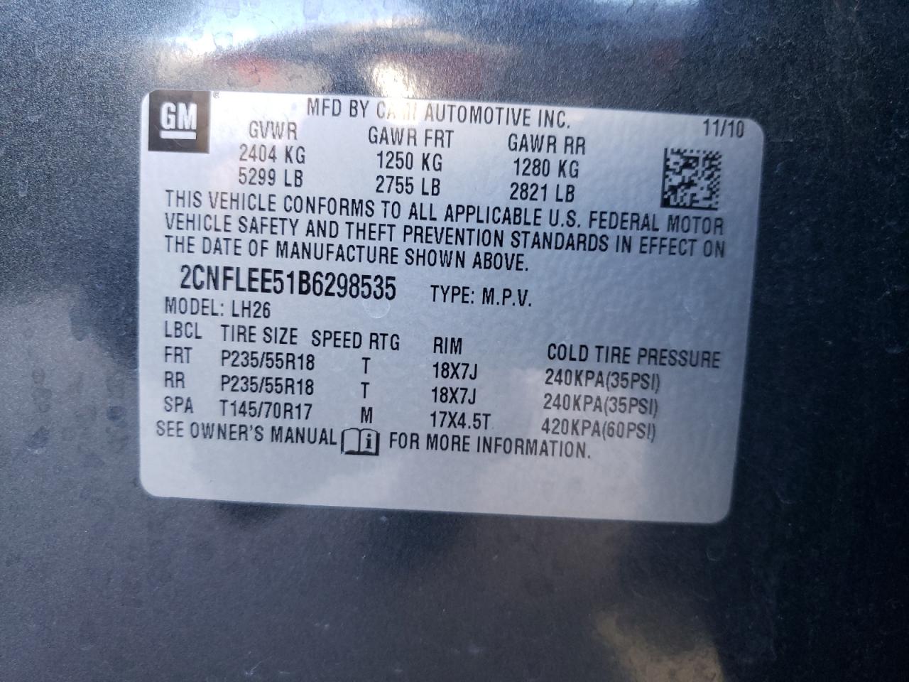 Photo 10 from auction – 2011 CHEVROLET EQUINOX with VIN 2CNFLEE51B6298535