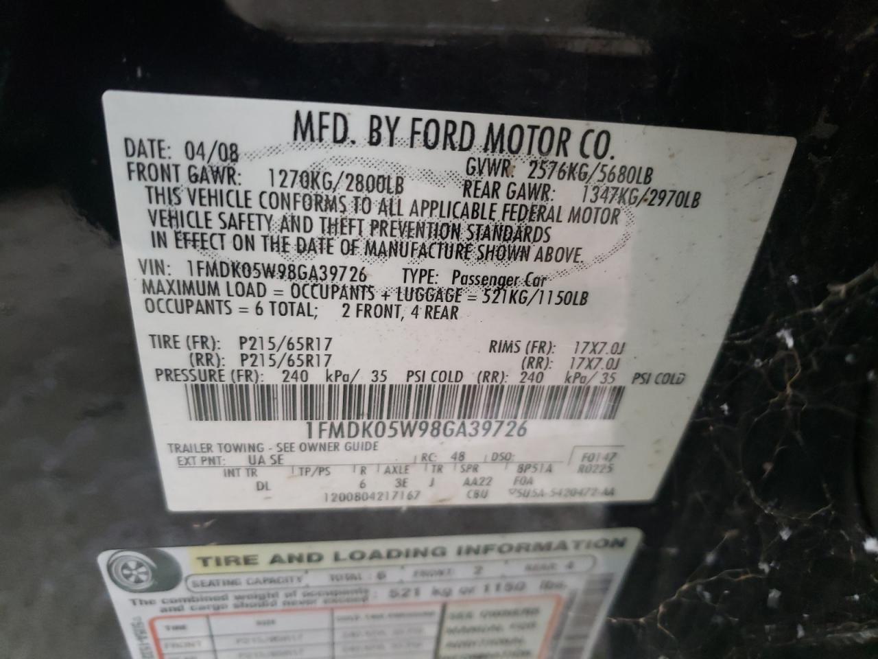 Photo 10 from auction – 2008 FORD TAURUS X S with VIN 1FMDK05W98GA39726