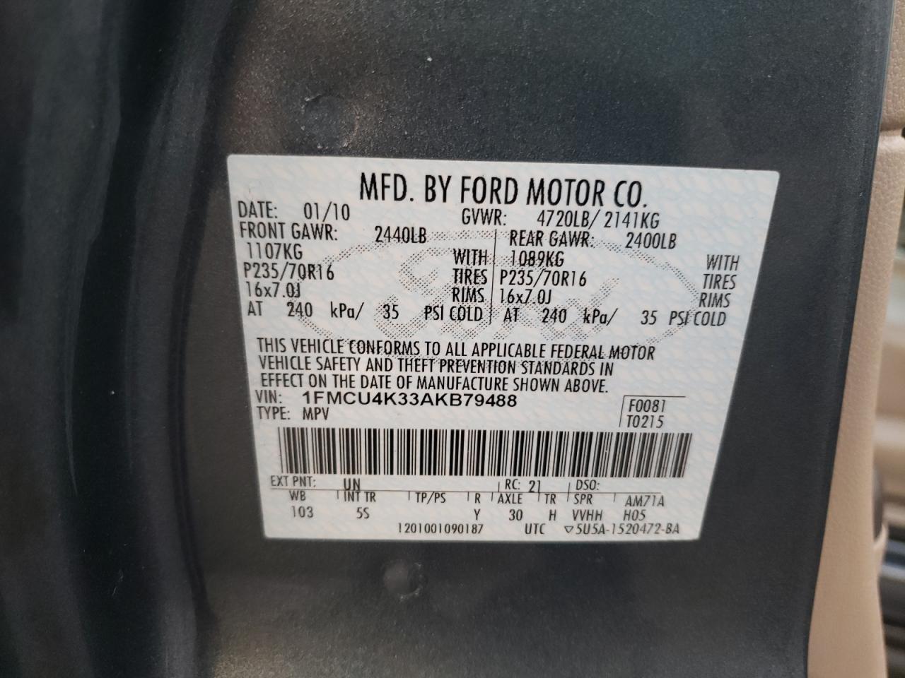 Photo 10 from auction – 2010 FORD ESCAPE HYB with VIN 1FMCU4K33AKB79488