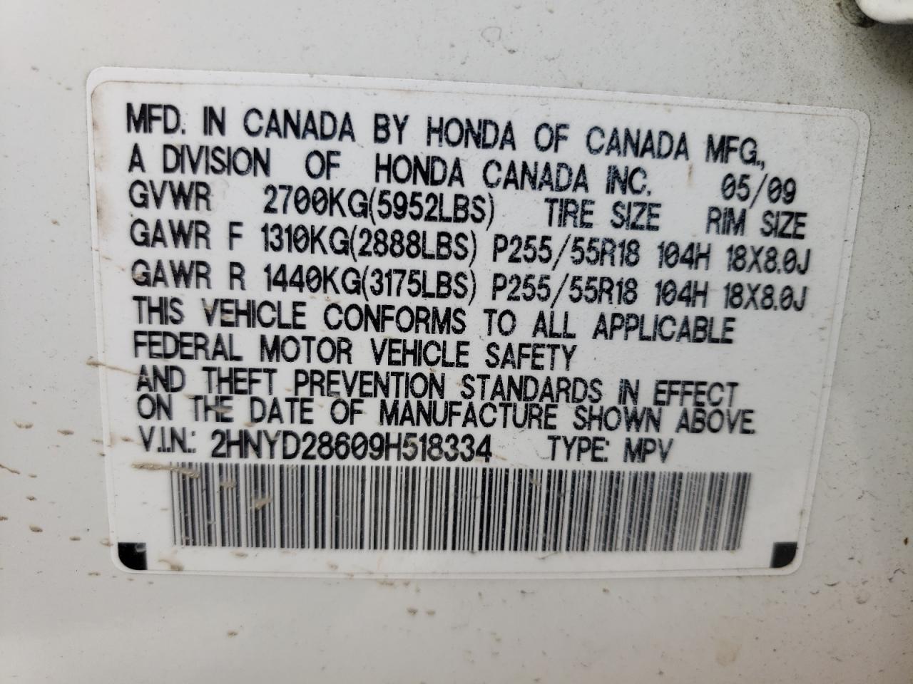 Photo 10 from auction – 2009 ACURA MDX TECHNO with VIN 2HNYD28609H518334