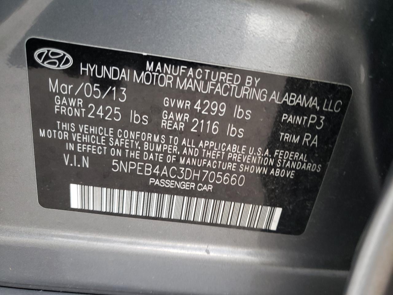 Photo 10 from auction – 2013 HYUNDAI SONATA GLS with VIN 5NPEB4AC3DH705660