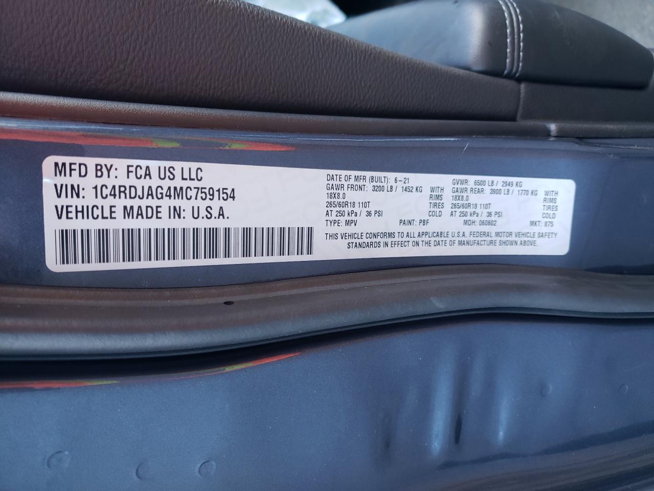 Photo 10 from auction – 2021 DODGE DURANGO SX with VIN 1C4RDJAG4MC759154