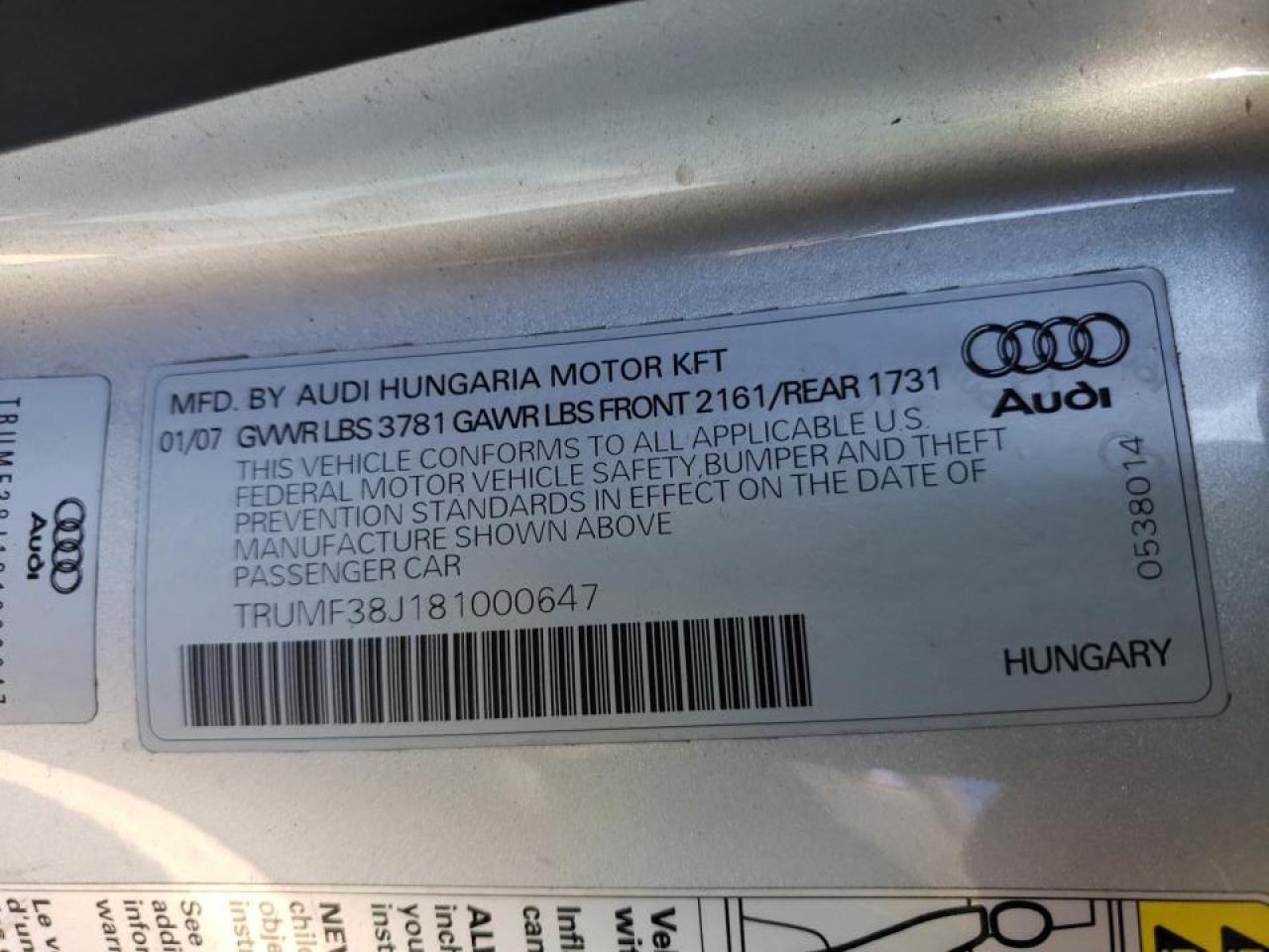 Photo 10 from auction – 2008 AUDI TT 2.0T with VIN TRUMF38J181000647