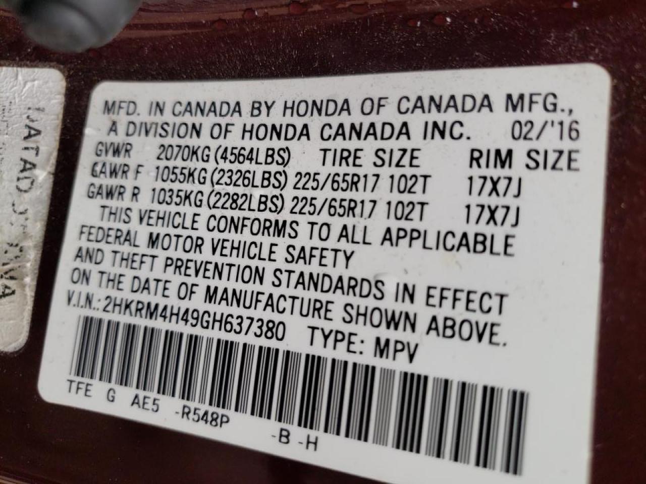 Photo 10 from auction – 2016 HONDA CR-V SE with VIN 2HKRM4H49GH637380