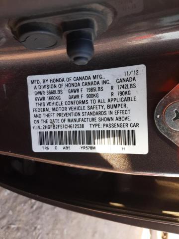 Photo 10 from auction – 2012 HONDA CIVIC LX with VIN 2HGFB2F57CH612538
