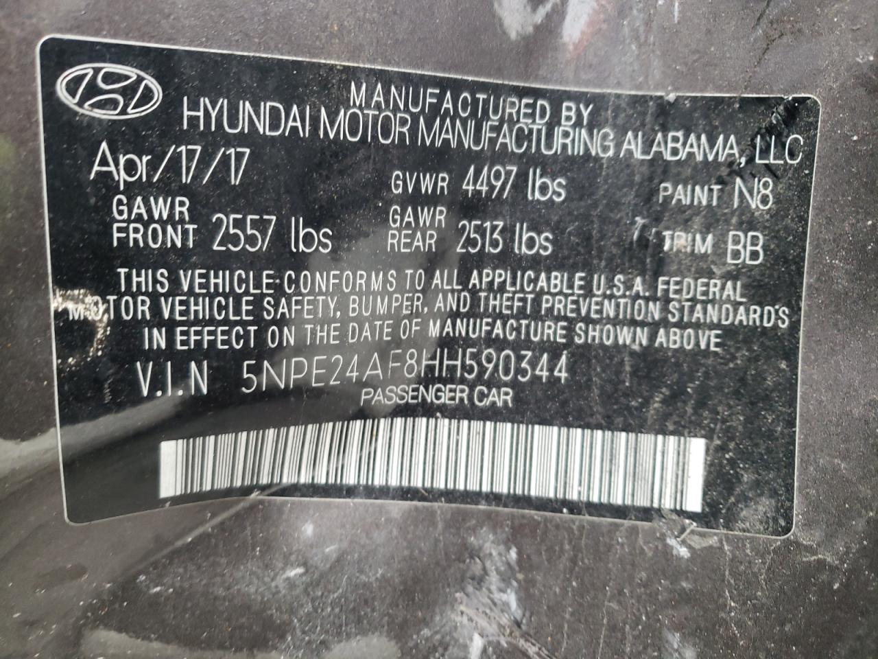 Photo 10 from auction – 2017 HYUNDAI SONATA SE with VIN 5NPE24AF8HH590344