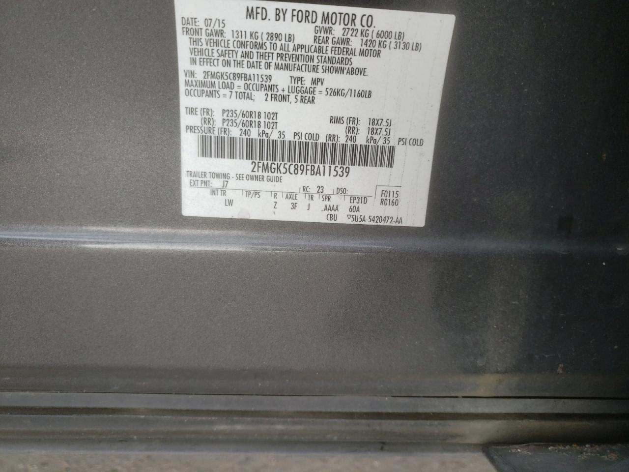 Photo 10 from auction – 2015 FORD FLEX SEL with VIN 2FMGK5C89FBA11539