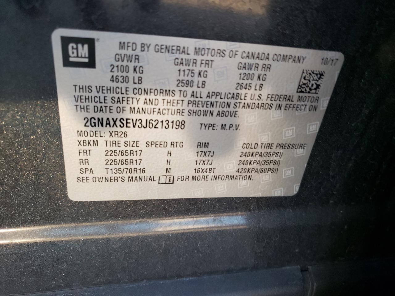 Photo 10 from auction – 2018 CHEVROLET EQUINOX LT with VIN 2GNAXSEV3J6213198