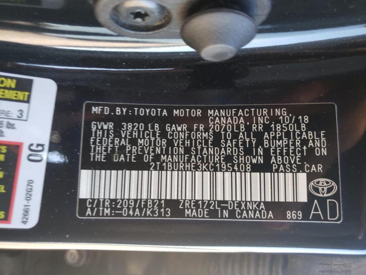 Photo 10 from auction – 2019 TOYOTA COROLLA L with VIN 2T1BURHE3KC195408