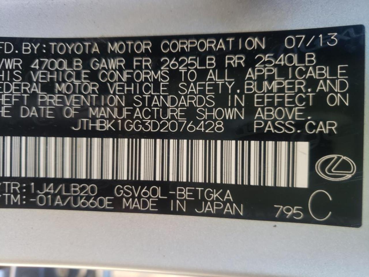 Photo 10 from auction – 2013 LEXUS ES 350 with VIN JTHBK1GG3D2076428