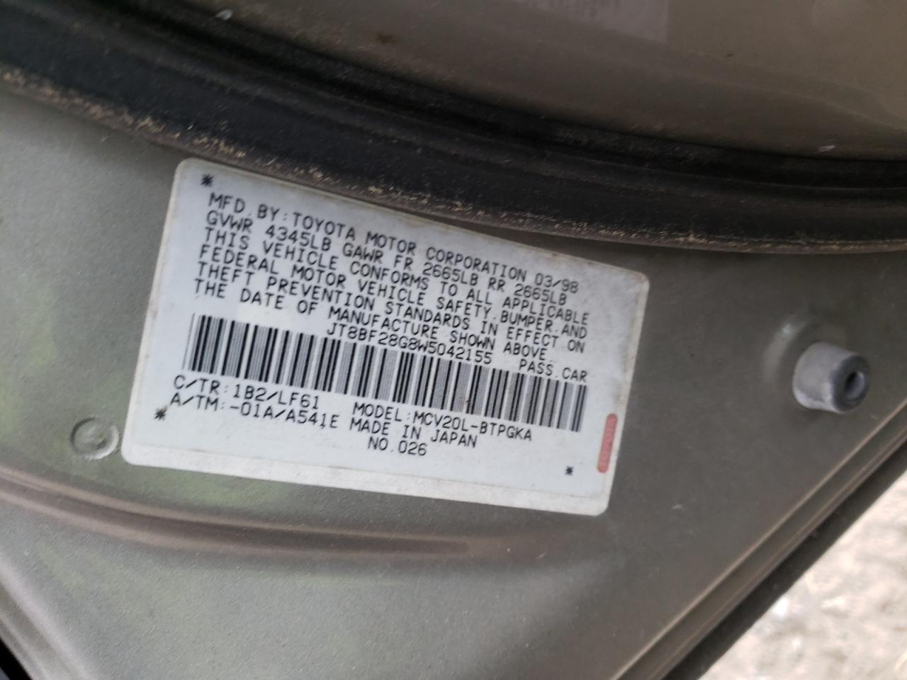 Photo 10 from auction – 1998 LEXUS ES 300 with VIN JT8BF28G8W5042155