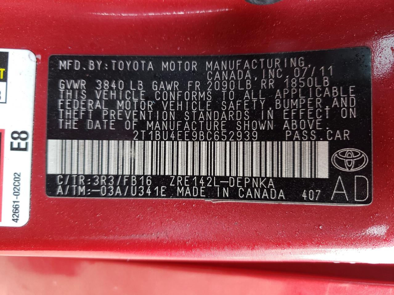 Photo 10 from auction – 2011 TOYOTA COROLLA BA with VIN 2T1BU4EE9BC652939