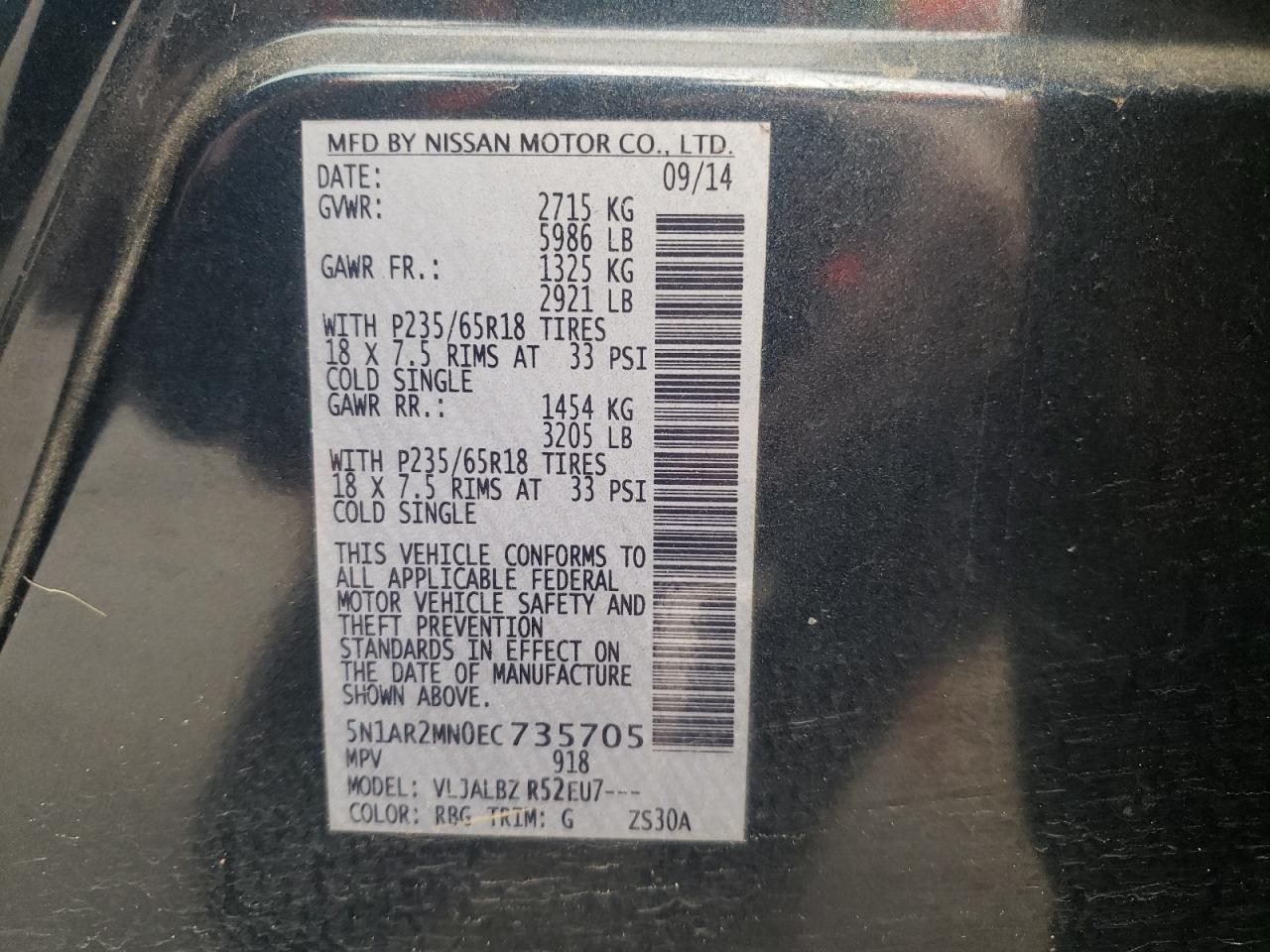 Photo 10 from auction – 2014 NISSAN PATHFINDER with VIN 5N1AR2MN0EC735705
