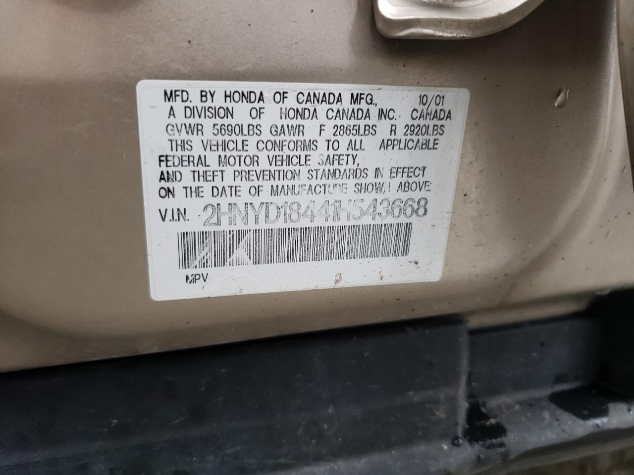 Photo 10 from auction – 2001 ACURA MDX with VIN 2HNYD18441H543668