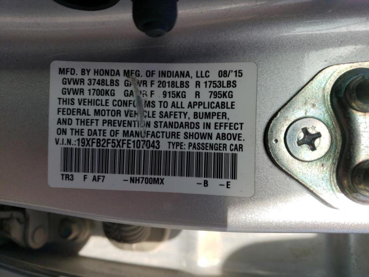 Photo 10 from auction – 2015 HONDA CIVIC LX with VIN 19XFB2F5XFE107043