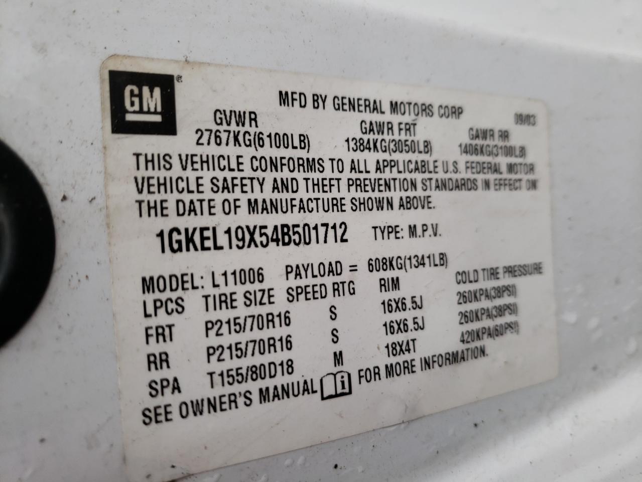 Photo 10 from auction – 2004 GMC SAFARI with VIN 1GKEL19X54B501712