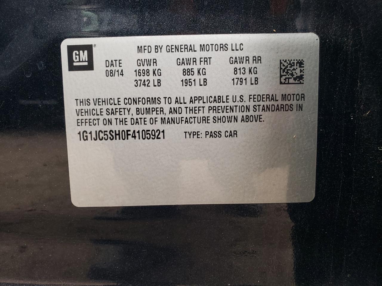 Photo 10 from auction – 2015 CHEVROLET SONIC LT with VIN 1G1JC5SH0F4105921