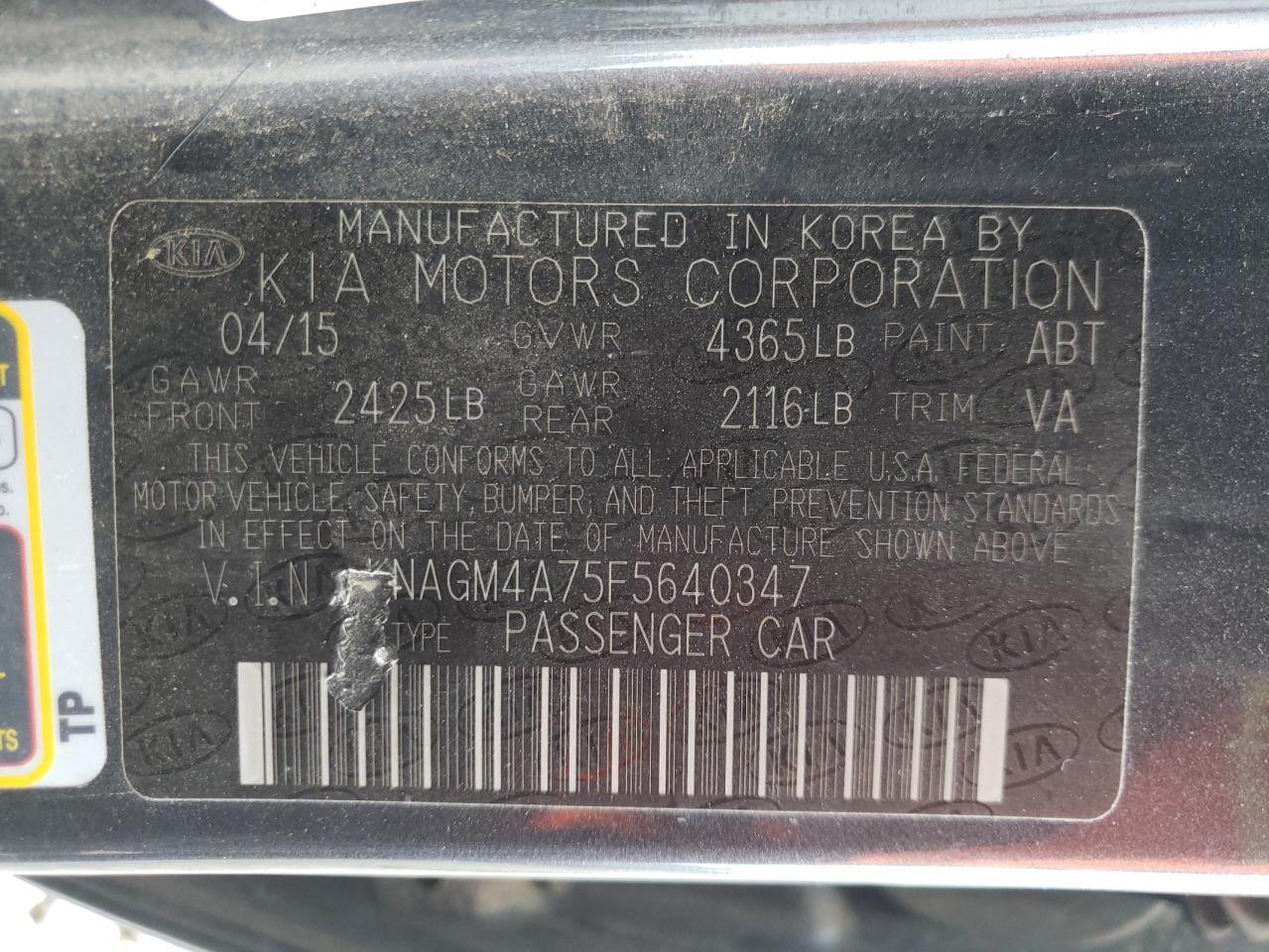 Photo 10 from auction – 2015 KIA OPTIMA LX with VIN KNAGM4A75F5640347