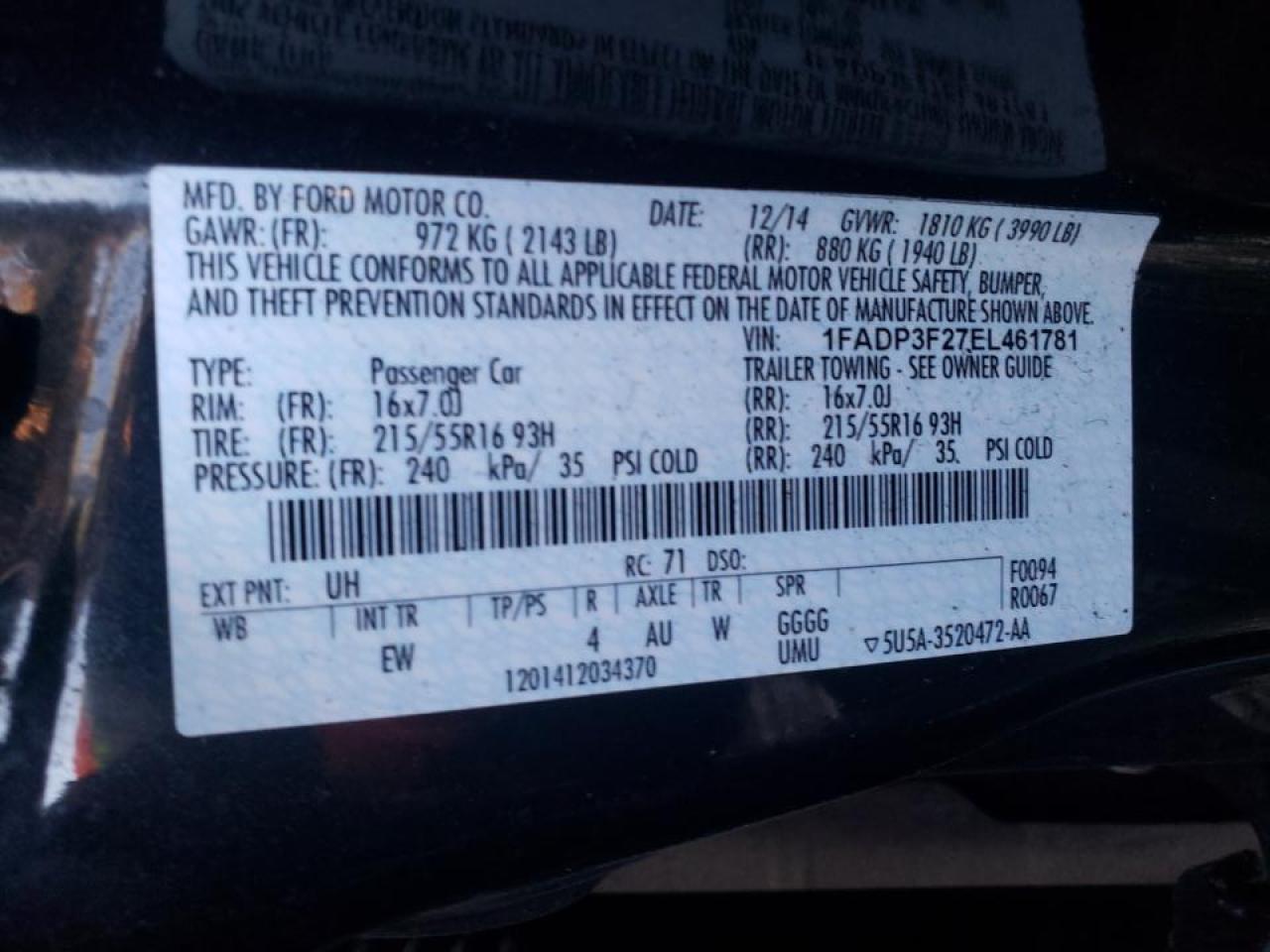 Photo 10 from auction – 2014 FORD FOCUS SE with VIN 1FADP3F27EL461781