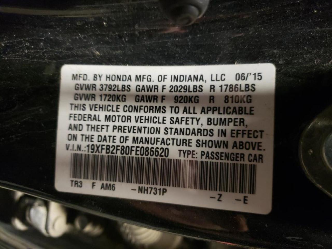 Photo 10 from auction – 2015 HONDA CIVIC EX with VIN 19XFB2F80FE086620