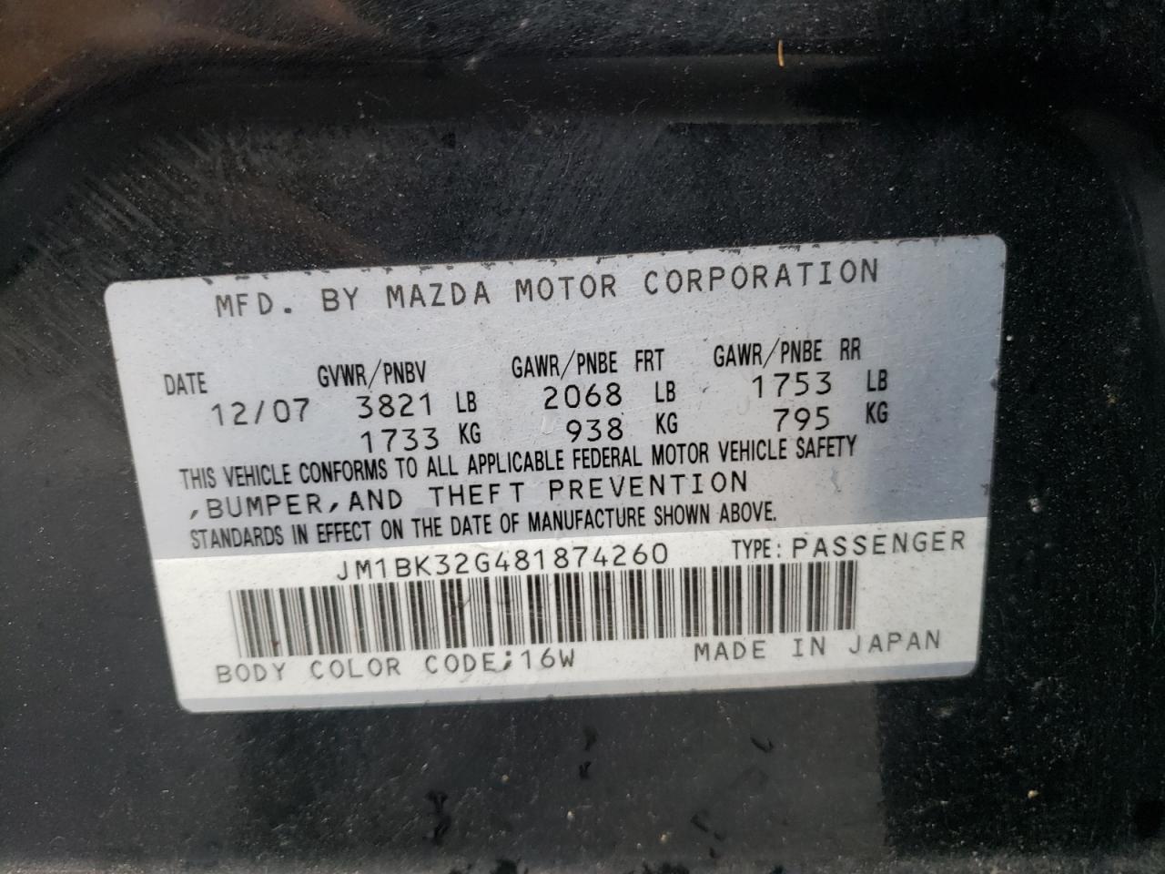 Photo 10 from auction – 2008 MAZDA 3 I with VIN JM1BK32G481874260