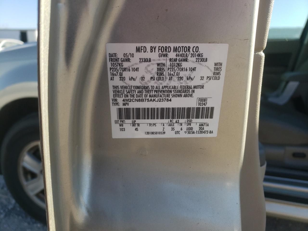 Photo 10 from auction – 2010 MERCURY MARINER with VIN 4M2CN8B75AKJ23784