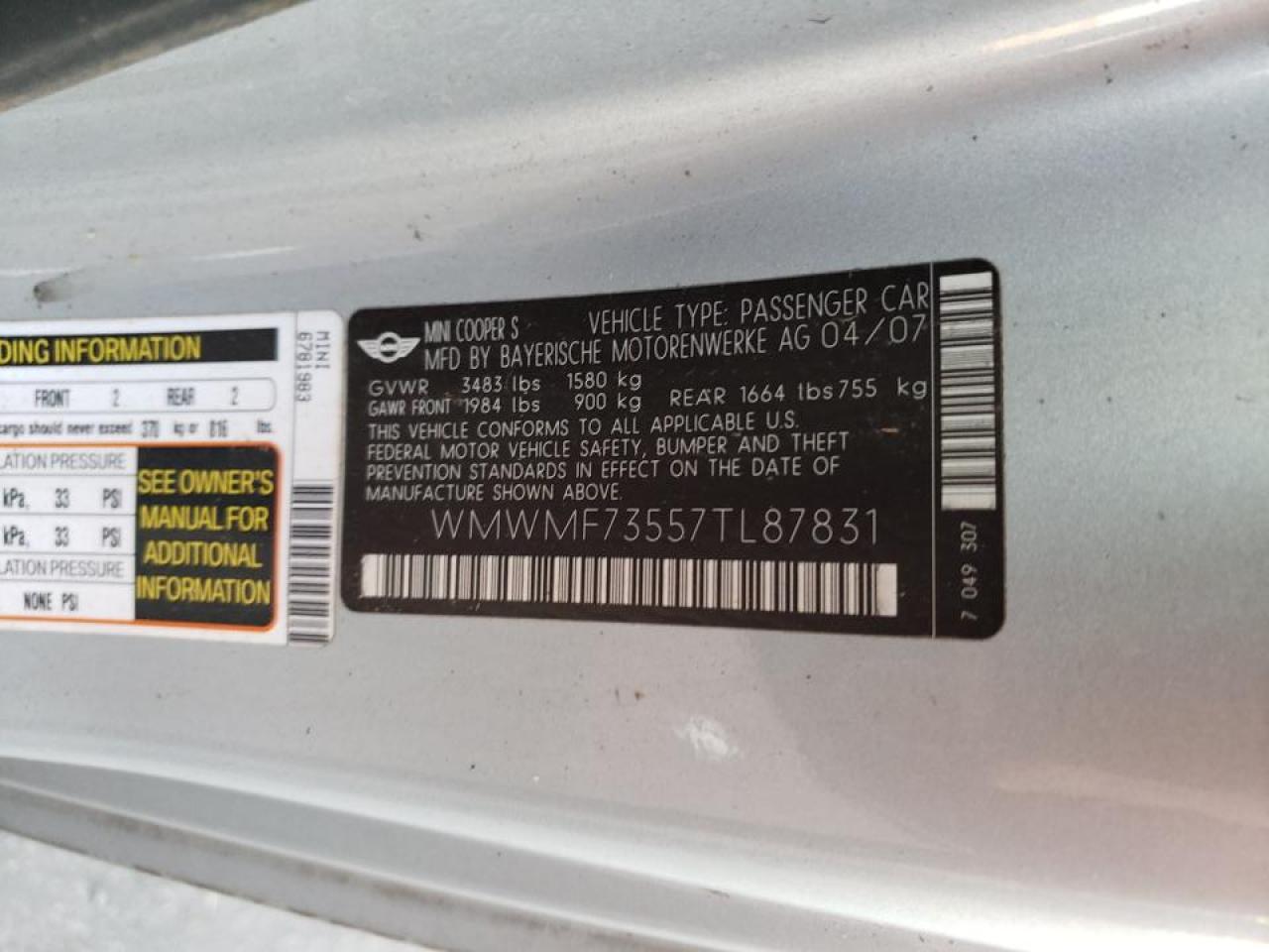 Photo 10 from auction – 2007 MINI COOPER S with VIN WMWMF73557TL87831