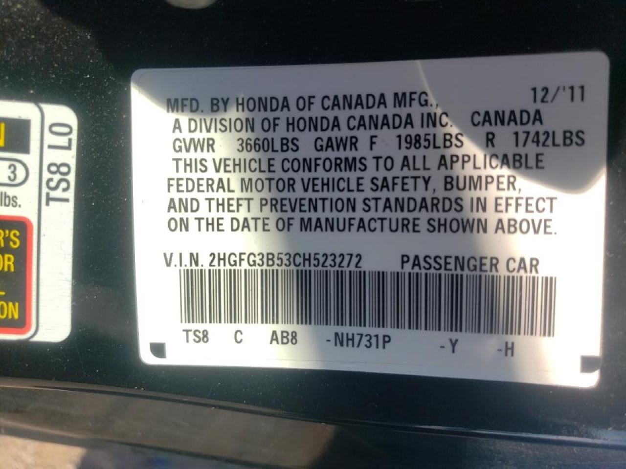 Photo 10 from auction – 2012 HONDA CIVIC LX with VIN 2HGFG3B53CH523272