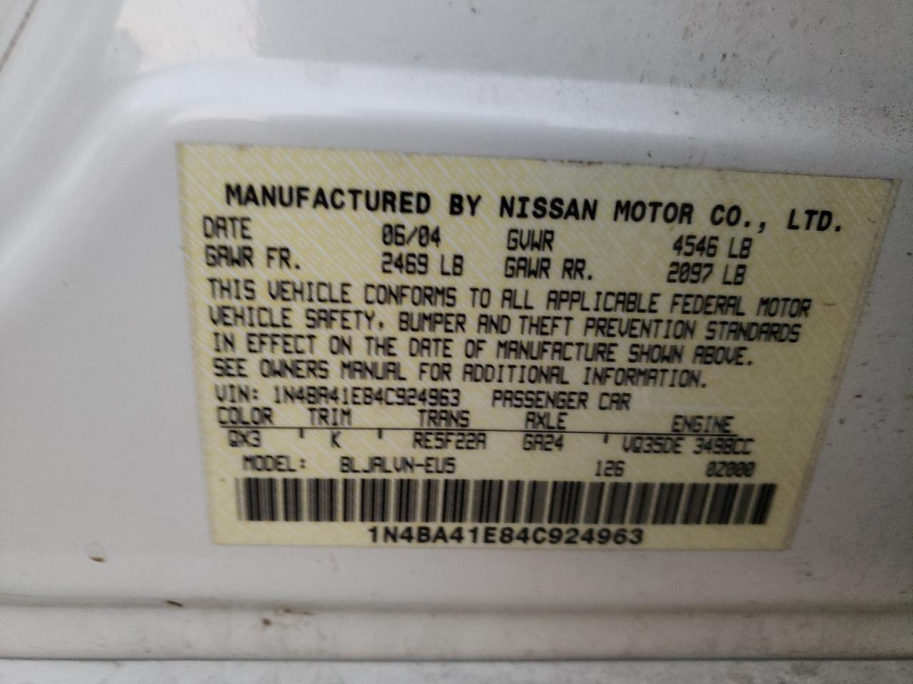 Photo 10 from auction – 2004 NISSAN MAXIMA SE with VIN 1N4BA41E84C924963