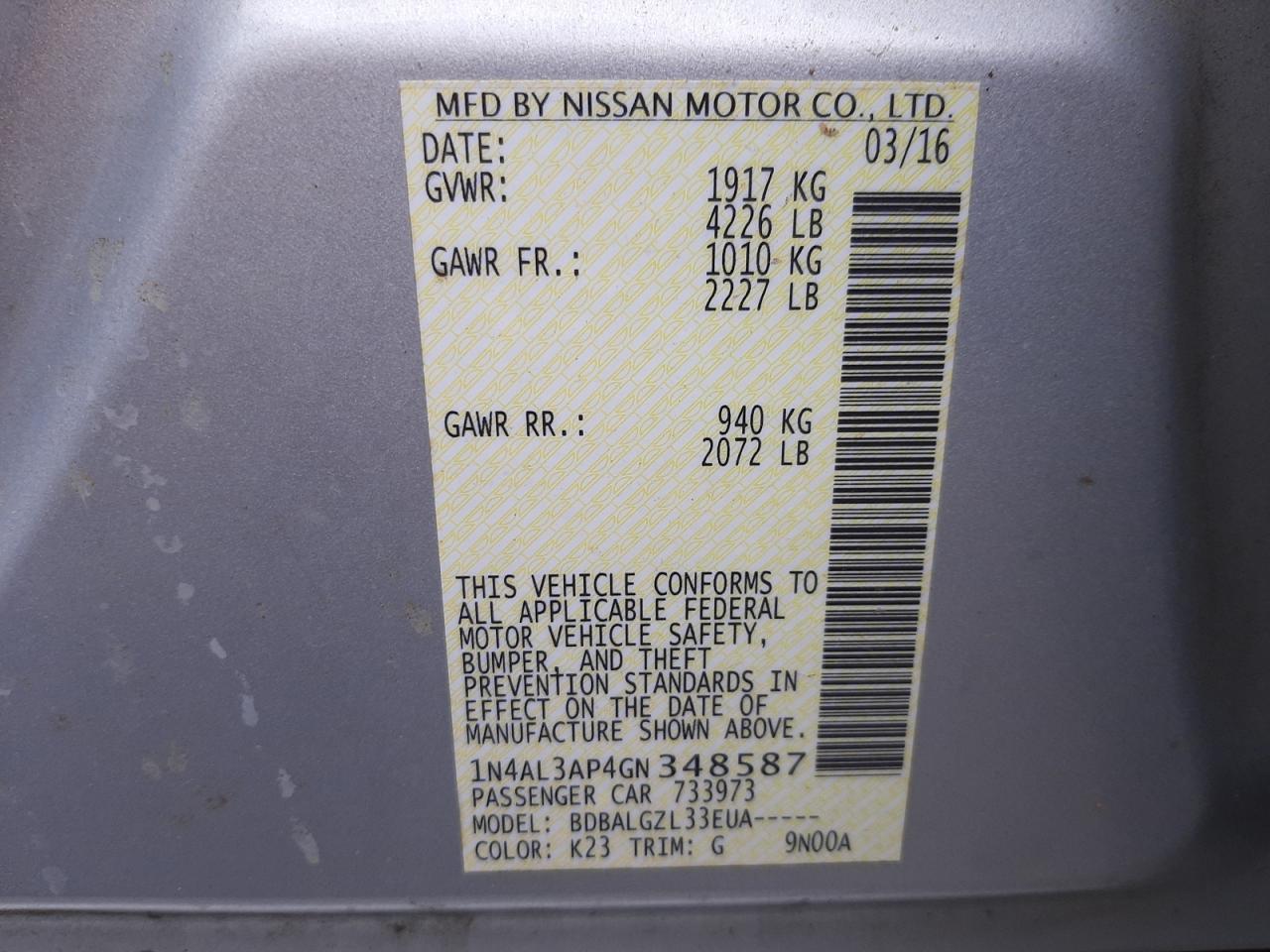 Photo 10 from auction – 2016 NISSAN ALTIMA 2.5 with VIN 1N4AL3AP4GN348587