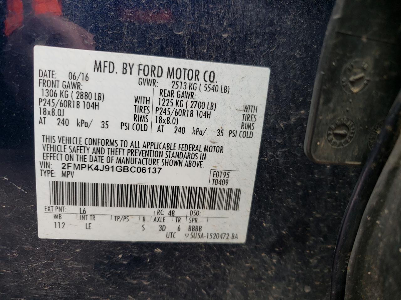 Photo 10 from auction – 2016 FORD EDGE SEL with VIN 2FMPK4J91GBC06137