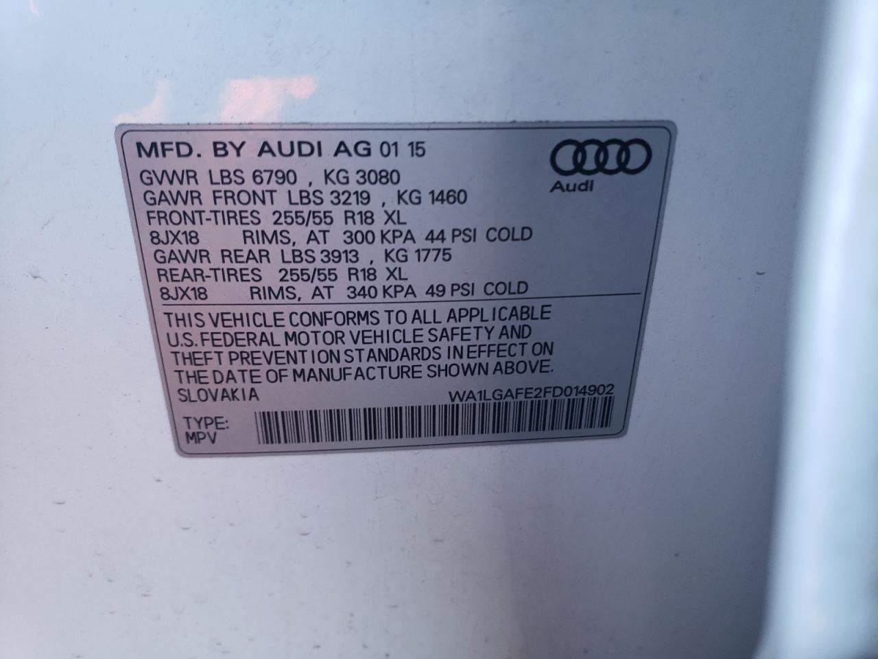 Photo 10 from auction – 2015 AUDI Q7 PREMIUM with VIN WA1LGAFE2FD014902