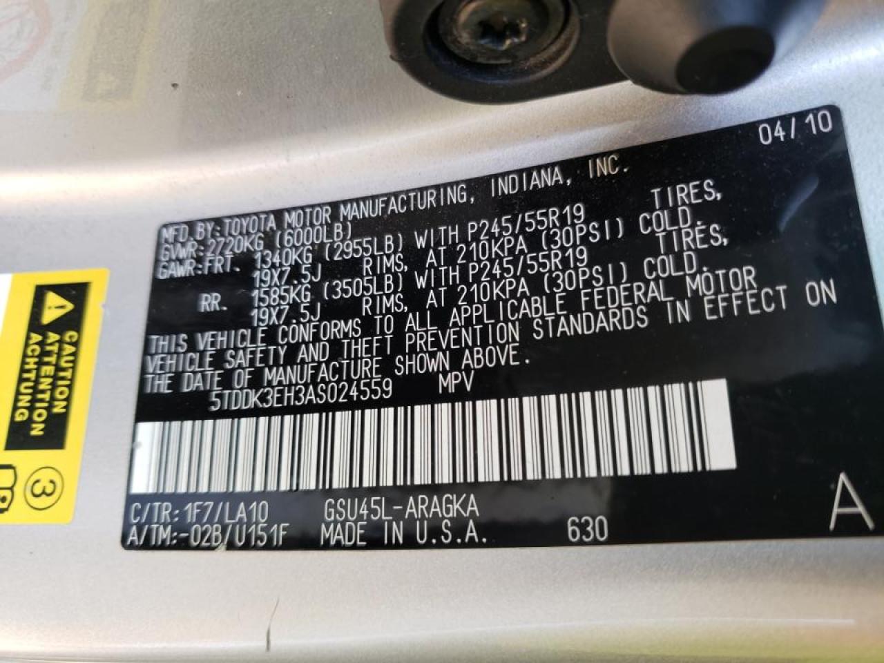 Photo 10 from auction – 2010 TOYOTA HIGHLANDER with VIN 5TDDK3EH3AS024559