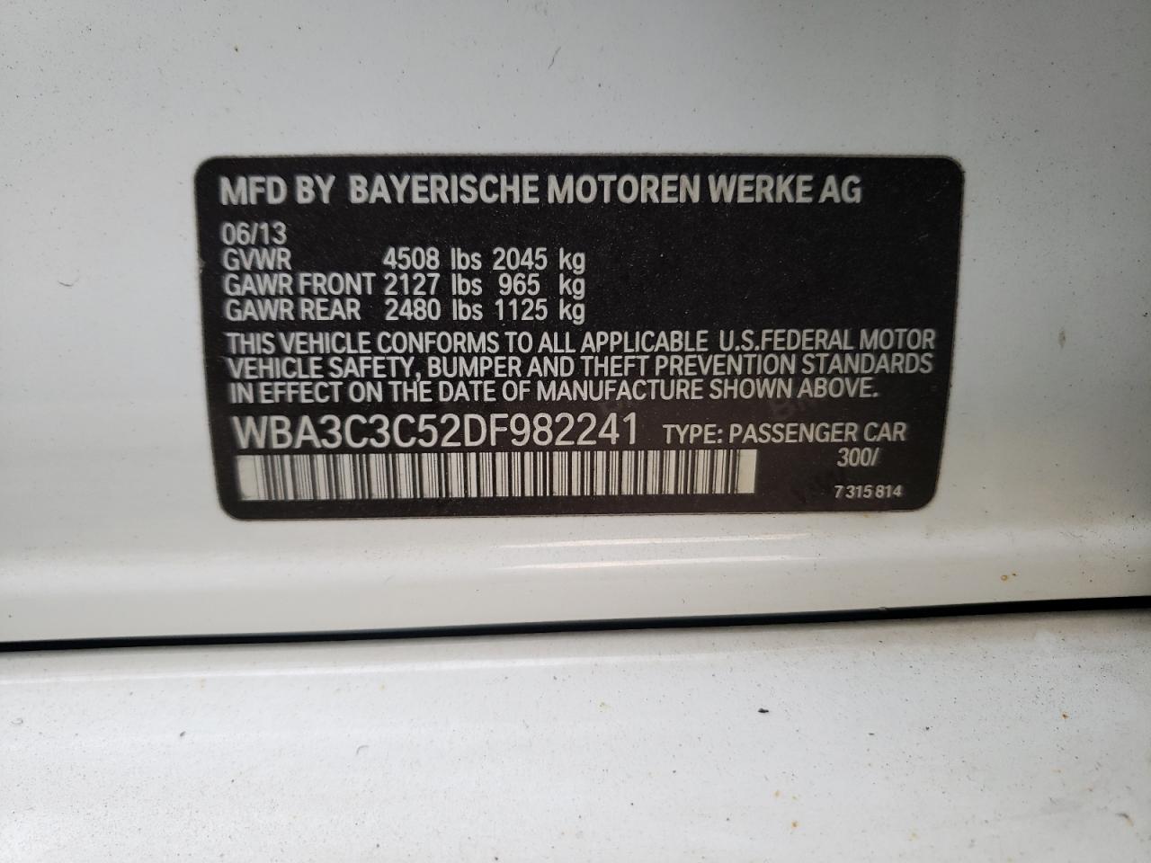 Photo 10 from auction – 2013 BMW 320 I XDRI with VIN WBA3C3C52DF982241