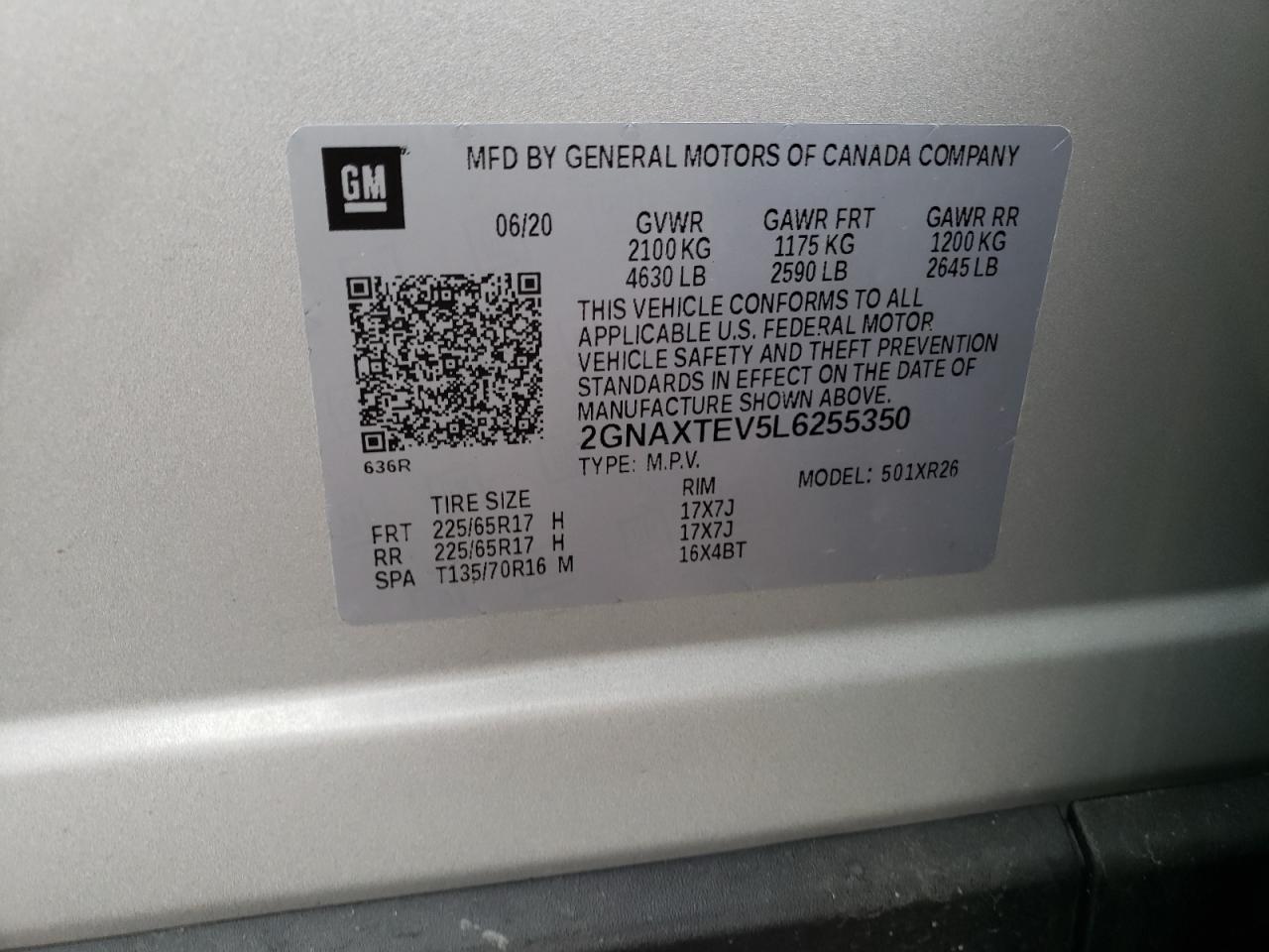 Photo 10 from auction – 2020 CHEVROLET EQUINOX LT with VIN 2GNAXTEV5L6255350