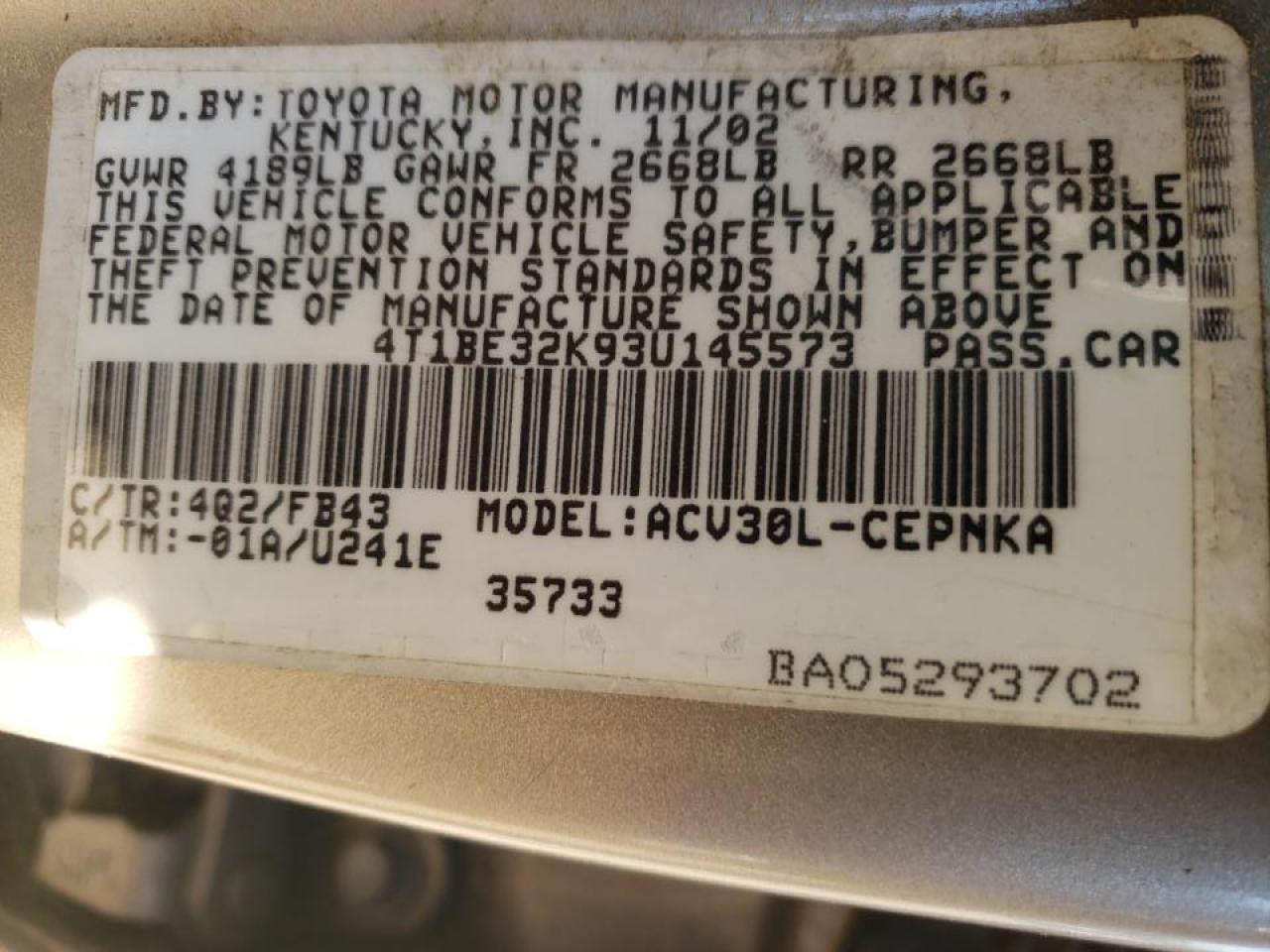 Photo 10 from auction – 2003 TOYOTA CAMRY with VIN 4T1BE32K93U145573