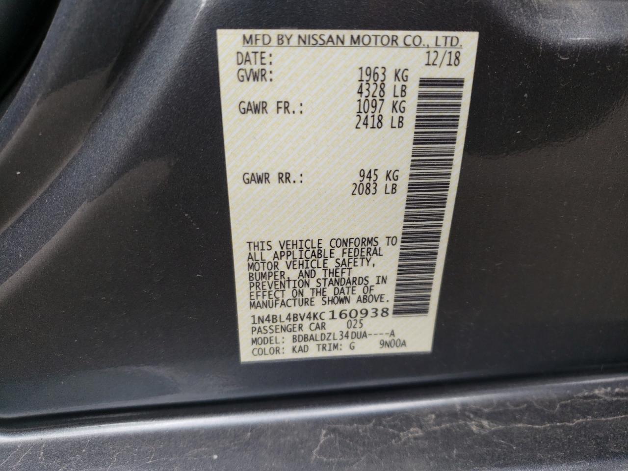 Photo 10 from auction – 2019 NISSAN ALTIMA S with VIN 1N4BL4BV4KC160938