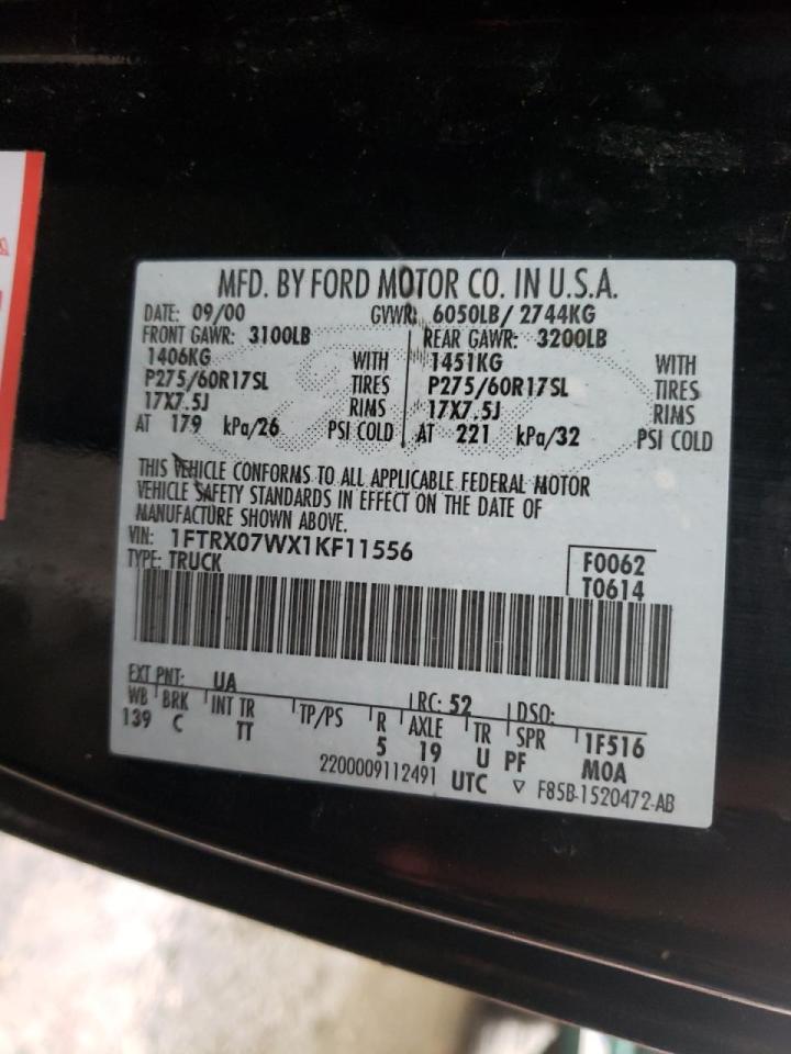 Photo 10 from auction – 2001 FORD F150 with VIN 1FTRX07WX1KF11556