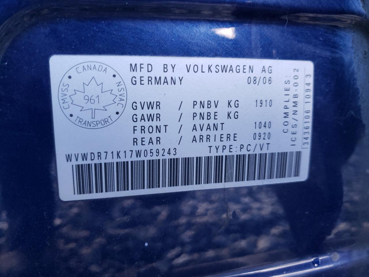 Photo 10 from auction – 2007 VOLKSWAGEN RABBIT with VIN WVWDR71K17W059243