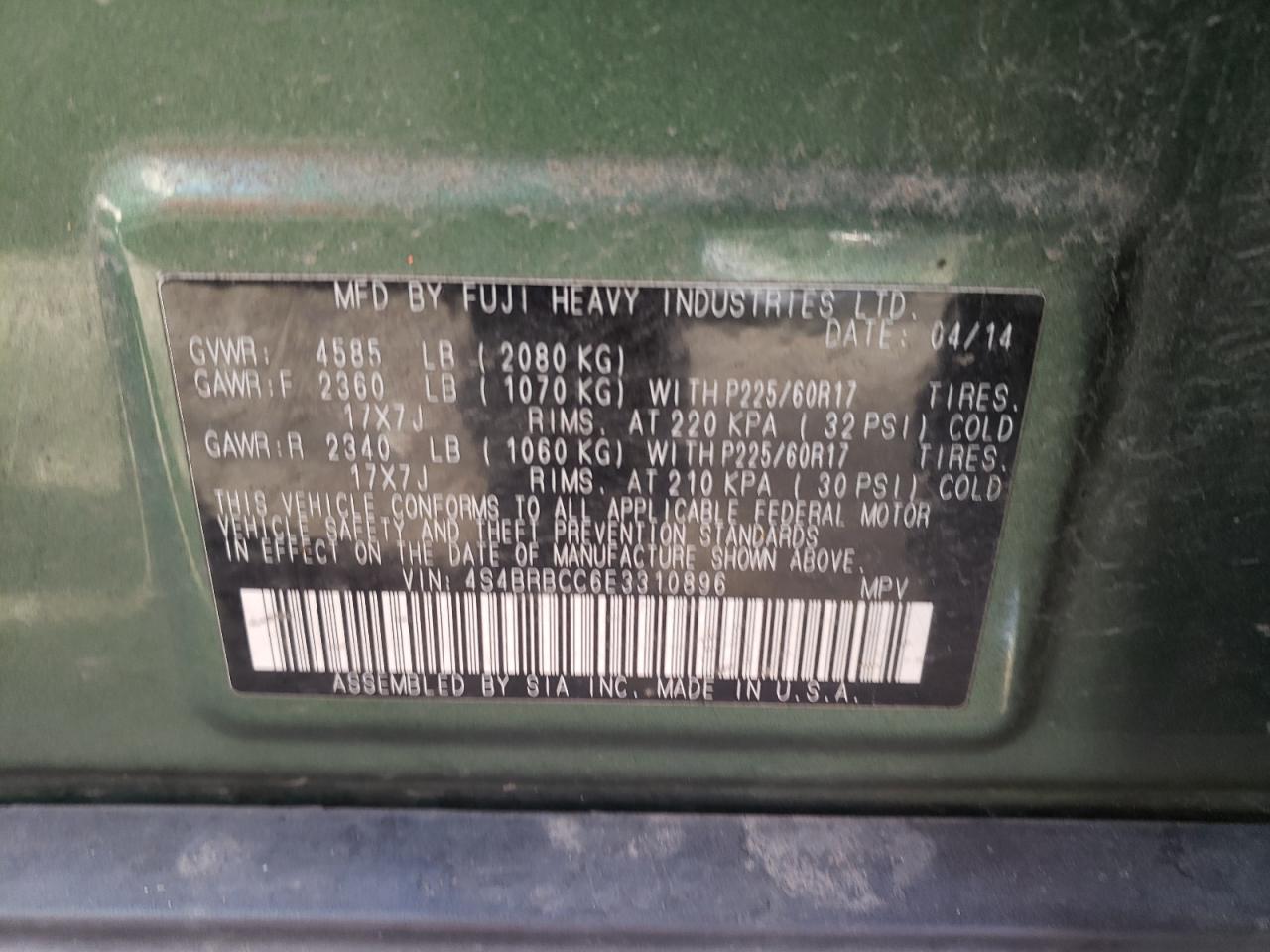 Снимка 10 от търг – 2014 SUBARU OUTBACK 2. с VIN 4S4BRBCC6E3310896