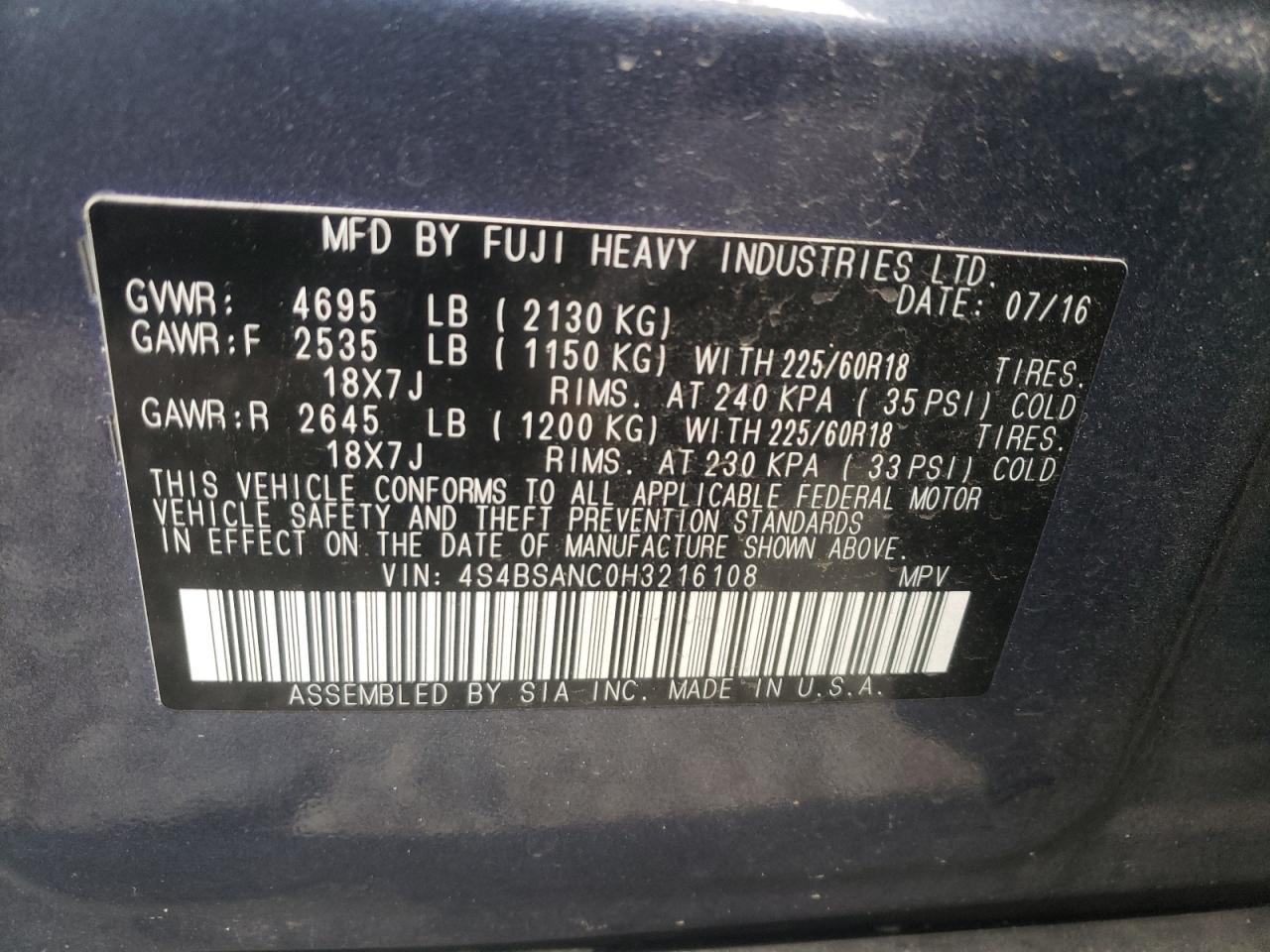 Photo 10 from auction – 2017 SUBARU OUTBACK 2. with VIN 4S4BSANC0H3216108