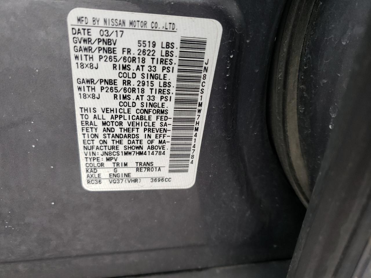 Photo 10 from auction – 2017 INFINITI QX70 with VIN JN8CS1MW7HM414784