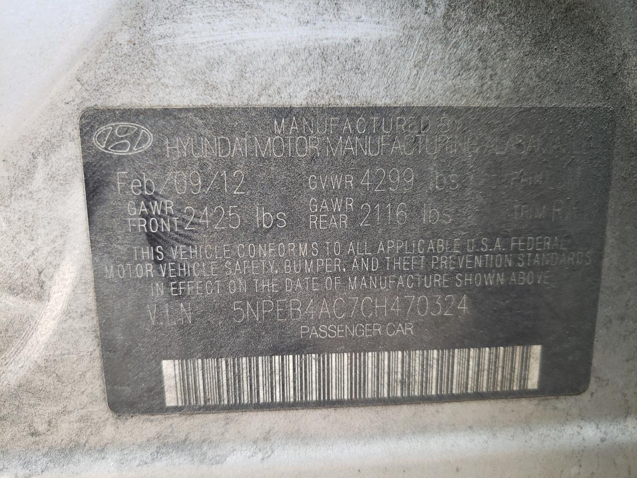 Photo 10 from auction – 2012 HYUNDAI SONATA GLS with VIN 5NPEB4AC7CH470324