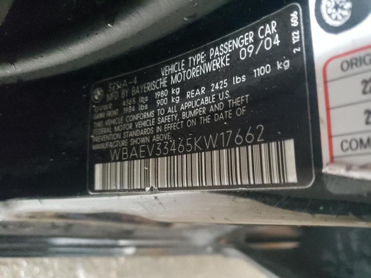Photo 10 from auction – 2005 BMW 325 I with VIN WBAEV33465KW17662