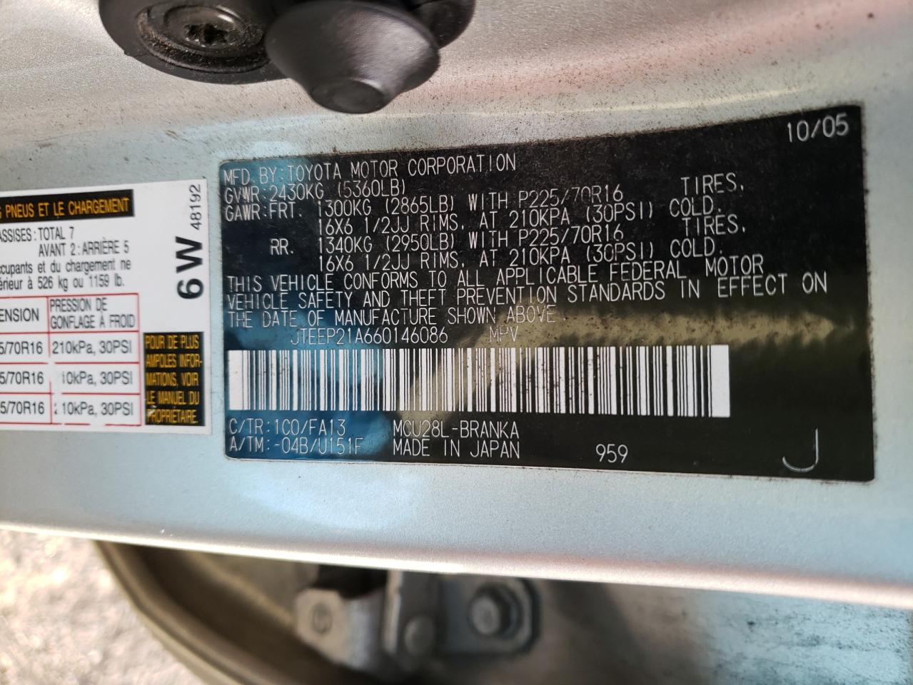 Photo 10 from auction – 2006 TOYOTA HIGHLANDER with VIN JTEEP21A660146086