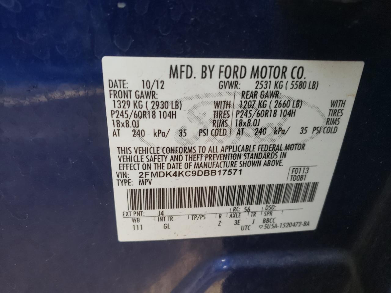 Photo 10 from auction – 2013 FORD EDGE LIMIT with VIN 2FMDK4KC9DBB17571
