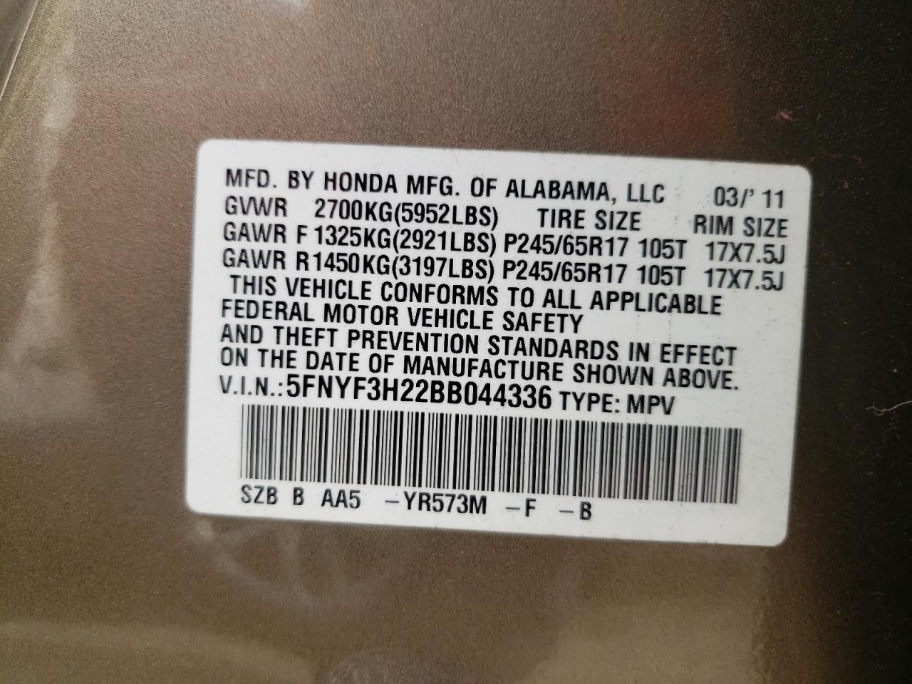 Photo 10 from auction – 2011 HONDA PILOT LX with VIN 5FNYF3H22BB044336