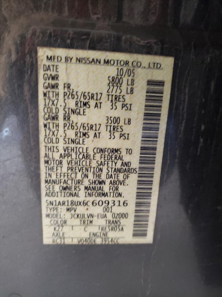 Photo 10 from auction – 2006 NISSAN PATHFINDER with VIN 5N1AR18UX6C609316