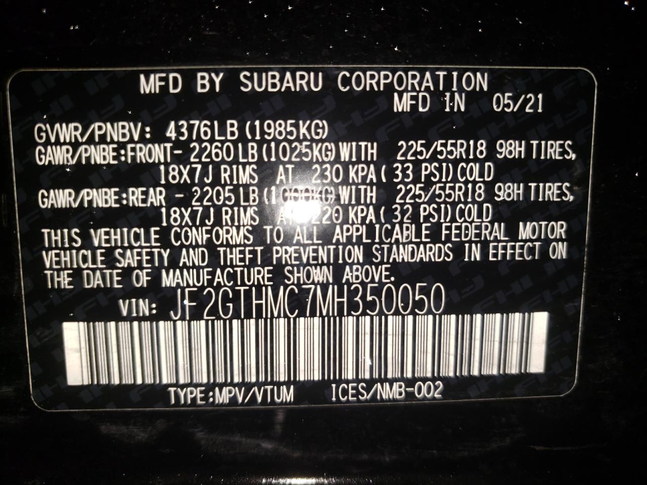 Photo 10 from auction – 2021 SUBARU CROSSTREK with VIN JF2GTHMC7MH350050