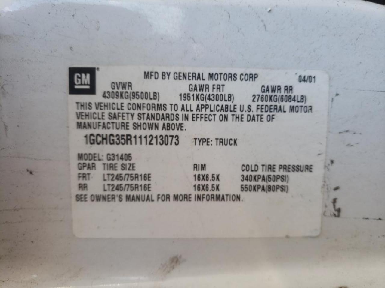 Photo 10 from auction – 2001 CHEVROLET EXPRESS G3 with VIN 1GCHG35R111213073